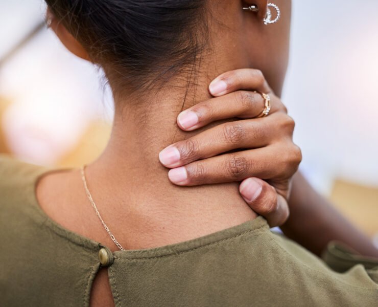 Neck pain, stress and back of woman with injury, joint inflammation or arthritis risk. Healthcare, .